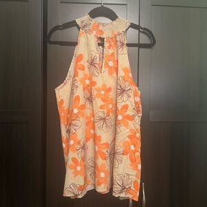 Elegant Floral Smocked Neck Sleeveless Blouse - Coral & Beige​